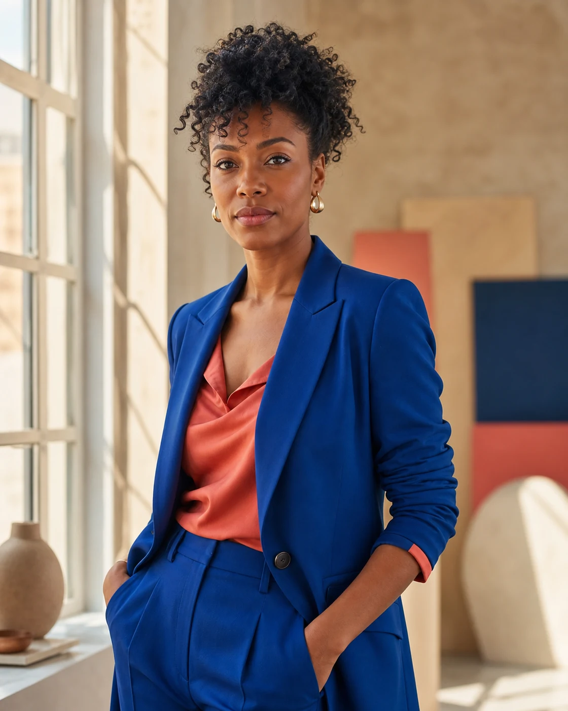 Adult woman in a cobalt suit beside a sunlit studio window